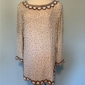 Naeem Khan Cream & Gold Beaded Long Sleeve Dress
